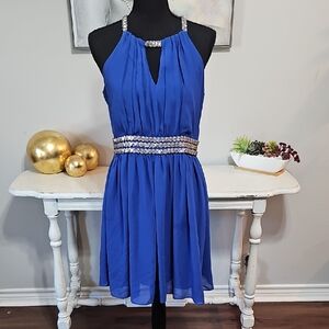 👗Royal Blue Halter Cocktail Dress Rhinestone Belt Homecoming Party Large